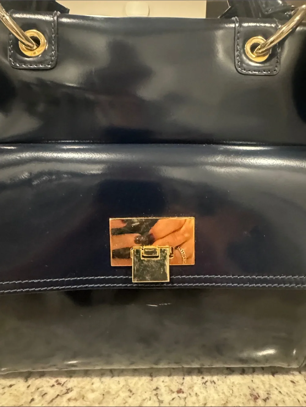 Italian Navy Blue Patent Leather Satchel Handbag with Gold Hardware